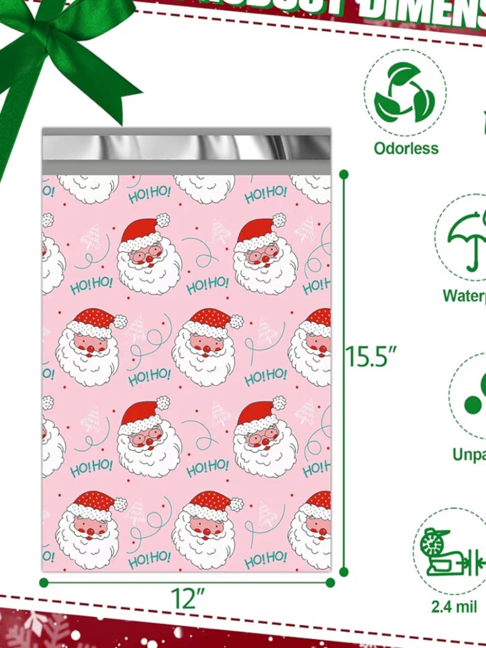 NEW!🎅🏼10 Ho Ho Ho Santa pink Poly Mailers 12 x 15 inch - Picture 2 of 4